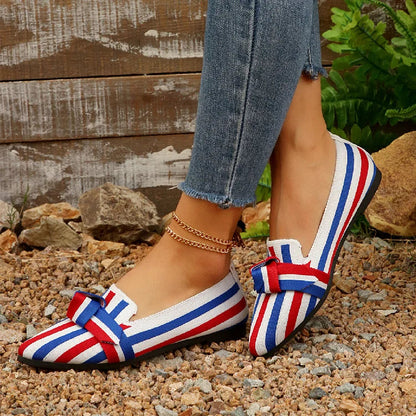 Knotted Colorblock Striped Pointed Toe Slip On Flats