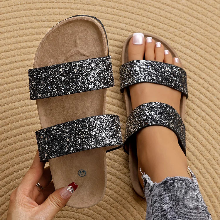 Shimmering Sequin Double Instep Straps Round Toe Soft-Soled Slippers