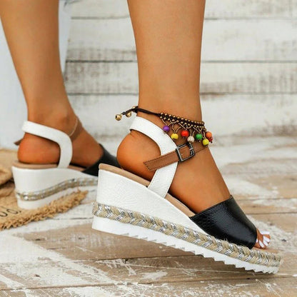 Colorblock Ankle Strap Crochet Straw Wedge Heel Sandals