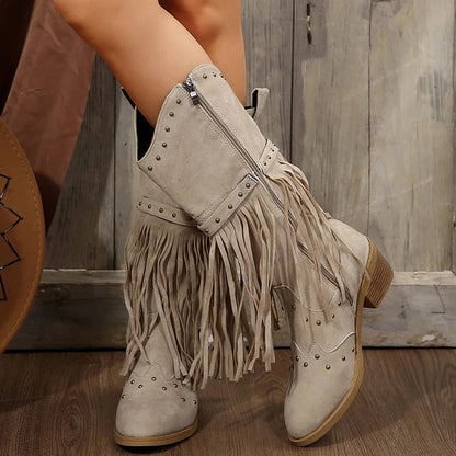 Fringed Trim Metallic Studded Solid Color Chunky Heel Mid Calf Boots