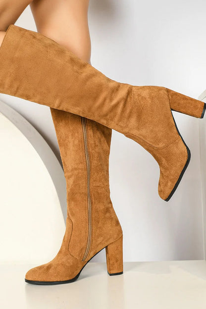 Solid Color Patchwork Pointed Toe Chunky Heel Zipper Knee High Boots