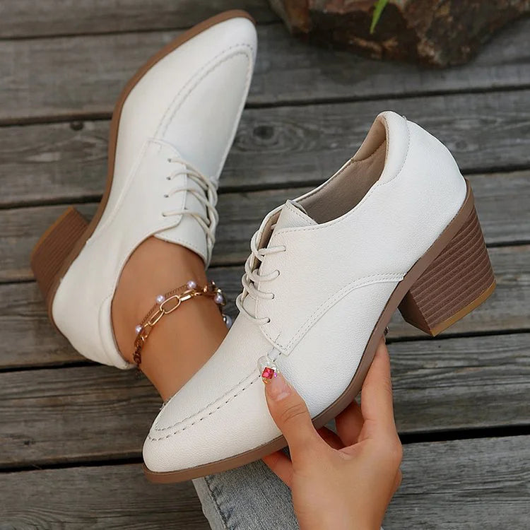 Patchwork Pointed Toe Chunky Heel Lace Up Oxfords