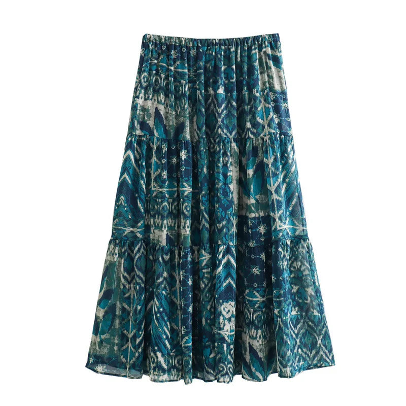 Printed shirt and metallic long skirt two-piece set