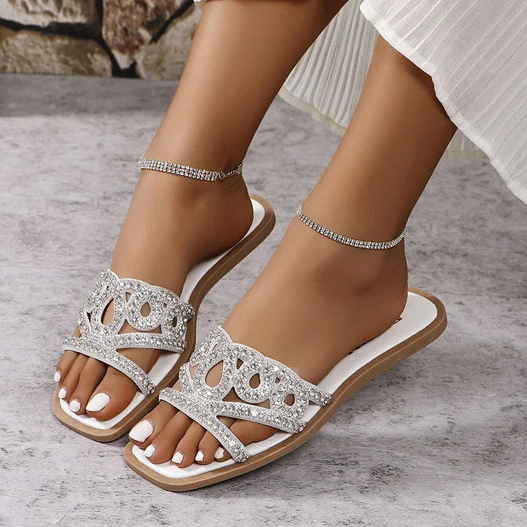 Fashion Rhinestone Hollow Out Square Toe Plain Slippers