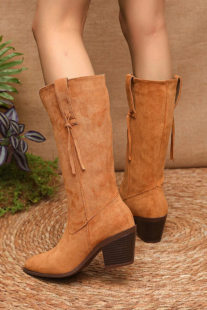 Fringed Trim Patchwork V Cut Pointed Toe Chunky Heel Mid Calf Boots