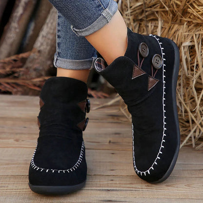 Stitch Detail Round Toe Buttons Casual Flat Ankle Boots