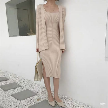 Loose And Versatile Knitted Cardigan Sweater Dress Two-Piece Set