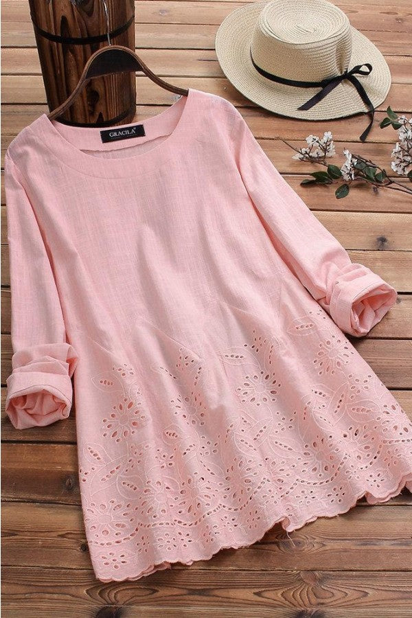 Solid Embroidery O-neck Long Sleeves Blouse