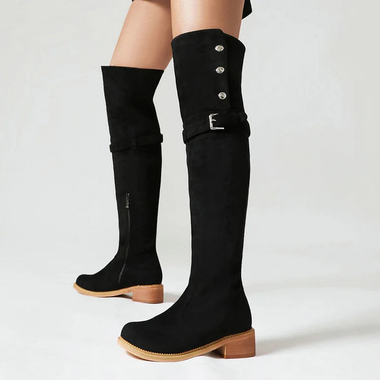 Metal Button Strap Buckle Decor Round Toe Over The Knee Boots