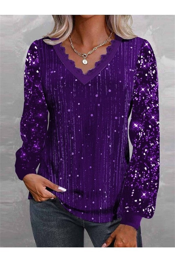 Casual Vintage Sequins V Neck Long Sleeve Loose Blouse