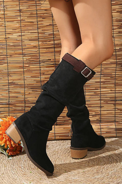 Colorblock Strap Buckle Decor Pointed Toe Chunky Heel Knee High Boots