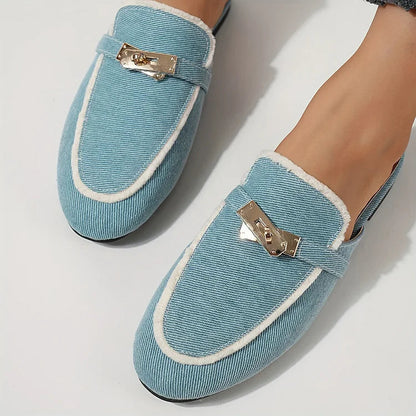 Alloy Buckle Decor Fur Trim Round Toe Denim Mules