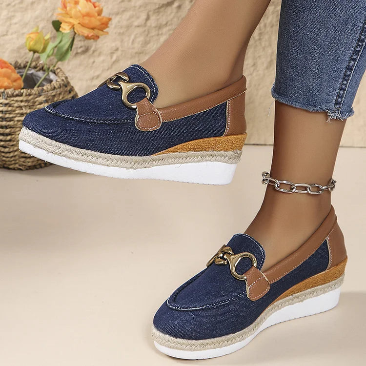 Metal Buckle Decor Patchwork Round Toe Wedge Heel Loafers