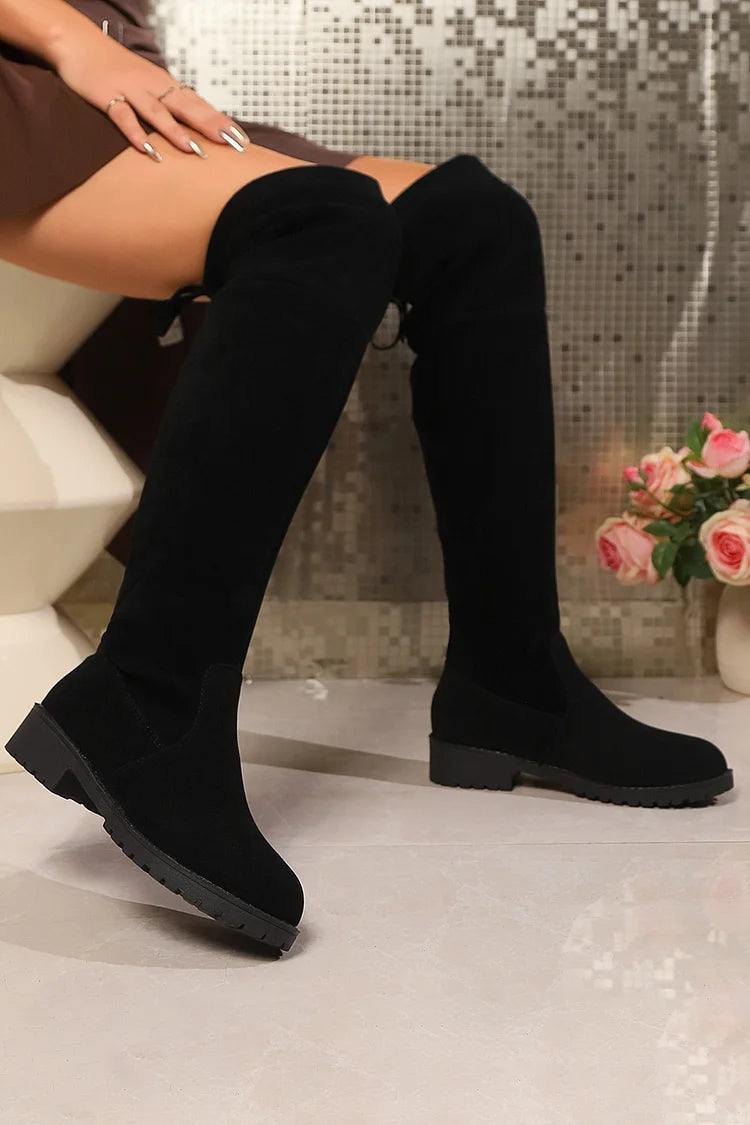 Patchwork Tied Up Solid Color Round Toe Pull On Over The Knee Boots