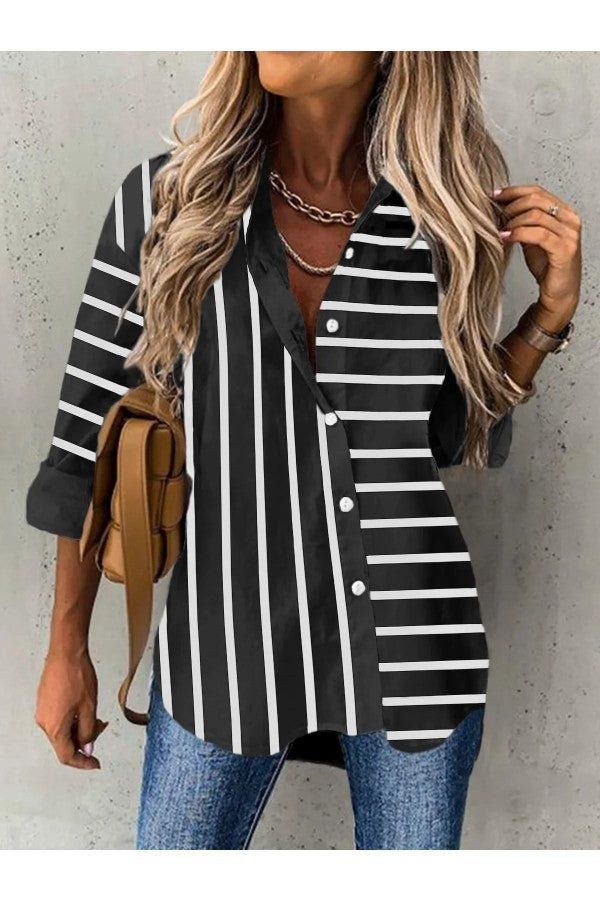 Striped Shirt Collar Long Sleeve Loose Blouse