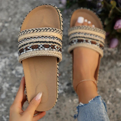 Retro Ethnic Pattern Studded Beads Espadrille Woven Platform Slippers