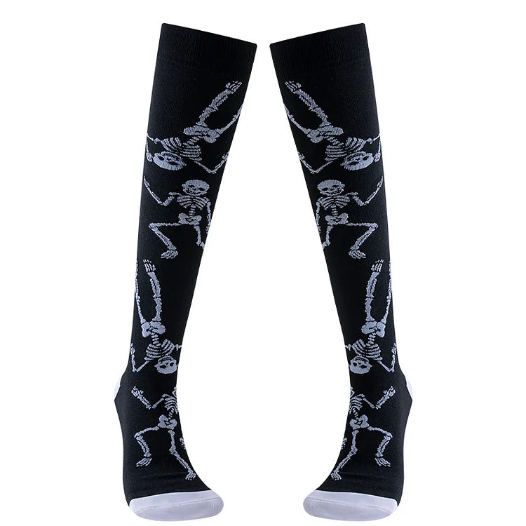 Calcetines por encima de la pantorrilla con estampado de esqueleto bailando guitarra divertidos para Halloween 