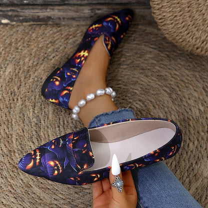 Halloween Demon Pumpkin Print Pointed Toe Flats