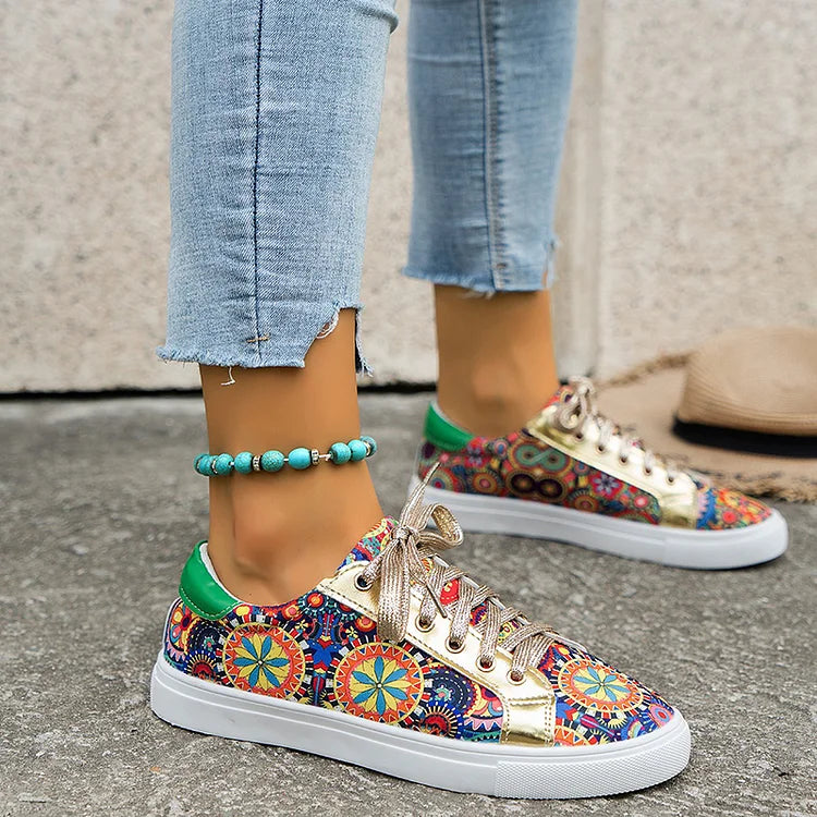 Multicolor Boho Pattern Print Patchwork Round Toe Lace Up Sneakers