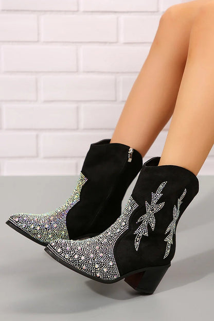 Rhinestone Decor Zipper Pointed Toe Chunky Heel Ankle Boots