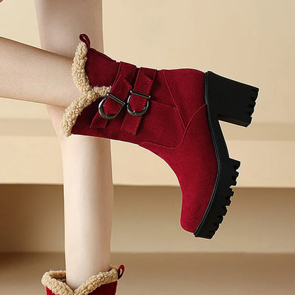 Two Straps Buckles Patchwork Round Toe Chunky Heel Mid Boots