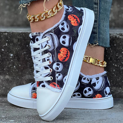 Halloween Pumpkin Ghost Head Print Raw Trim Lace Up Casual Shoes