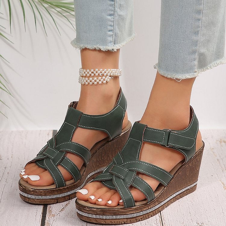 Rhinestone Woven Strap Platform Wedge Peep Toe Magic Stick Closure Sandals