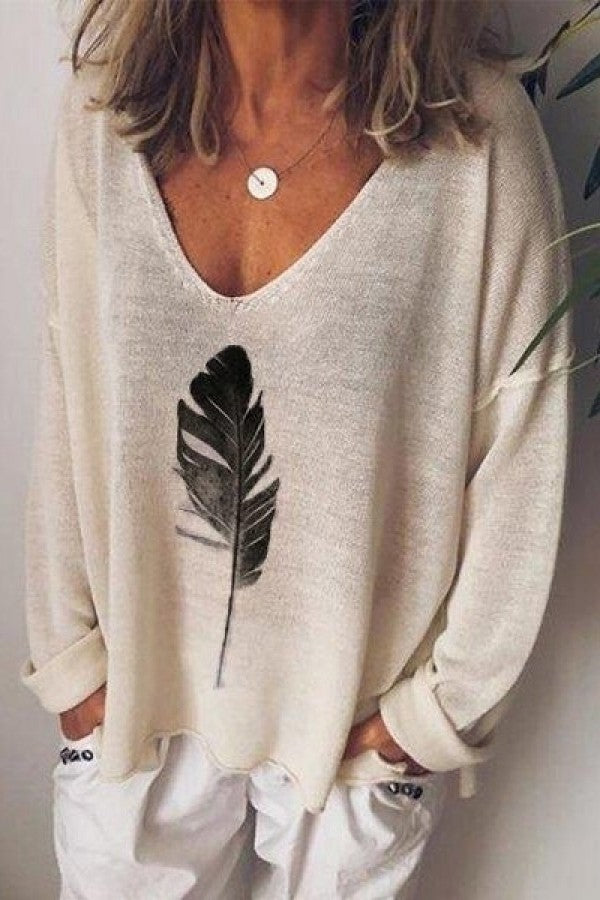 Women's V-neck Feather Print Long Sleeves Blouse