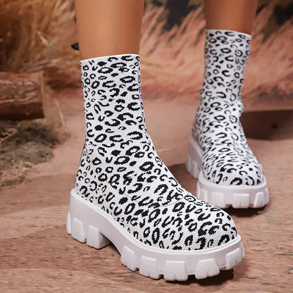 Knitted Leopard Pattern Round Toe Pull On Mid Boots