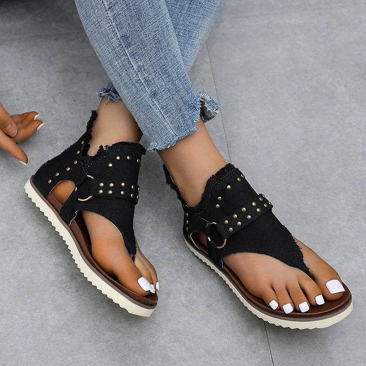 Studded O-Ring Buckle Raw Trim Flip Flops Canvas Sandals