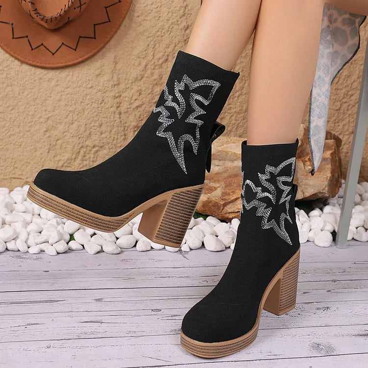 Embroidery Round Toe Chunky Heel Pull On Mid Boots