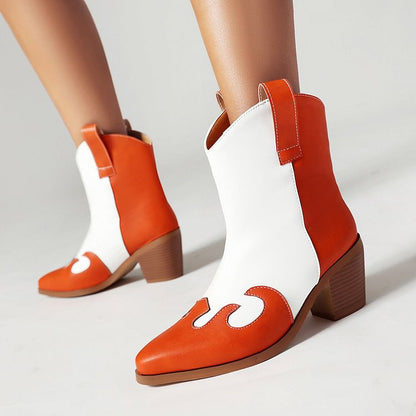 Colorblock Patchwork Pointed Toe Chunky Heel Ankle Boots