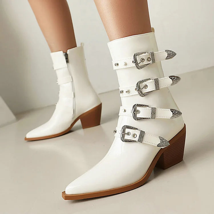 Multicolor Straps Buckles Pointed Toe Chunky Heel Mid Calf Boots