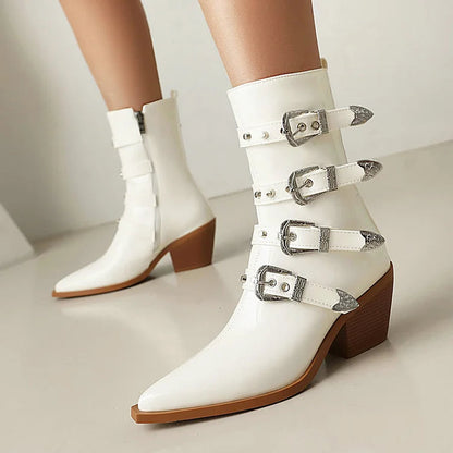 Multicolor Straps Buckles Pointed Toe Chunky Heel Mid Calf Boots