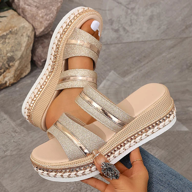 Shimmering Patchwork Studded Decor Seam Platform Wedge Slippers