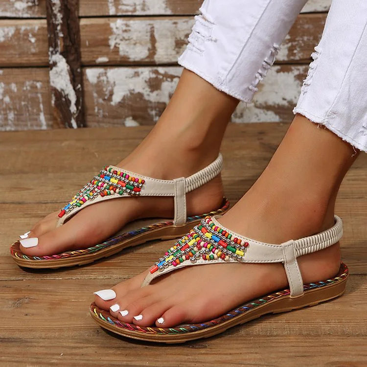 Colourful Beads Seam Decor Elastic Band Flip Flops Sandals