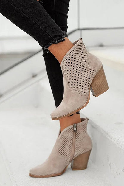 Hollow Out Solid Color Pointed Toe Taupe Ankle Boots