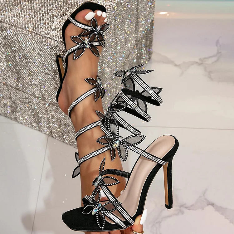 Rhinestone 3D Butterfly Decor Lace Up Square Toe Stiletto High Heels
