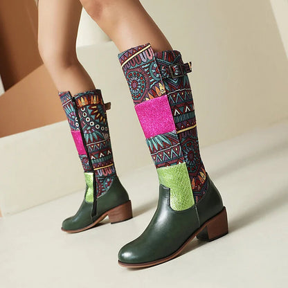 Colorblock Patchwork Tribal Pattern Round Toe Mid Calf Boots