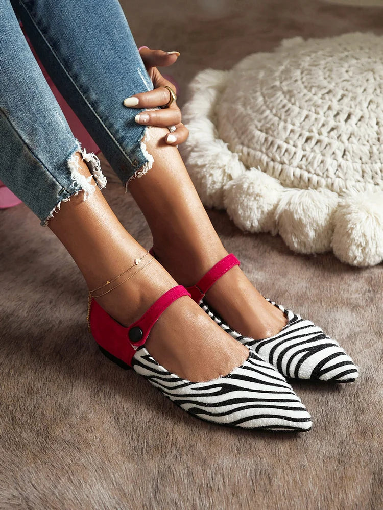 Women's Zebra-Stripe Colorblock Straps Pointy Toe Casual Flats