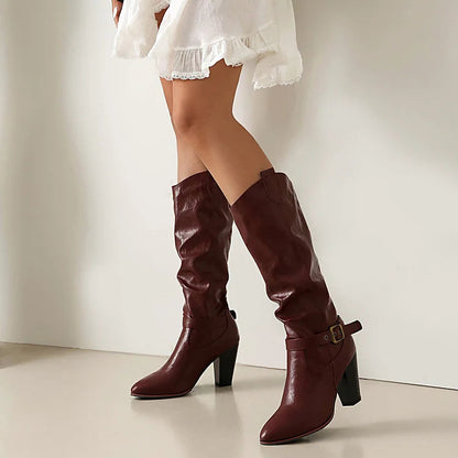 Pointed Toe Chunky Heel Strap Buckle Decor Solid Color Mid Calf Boots