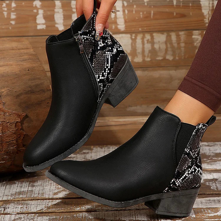 Snake Print Round Toe Patchwork Chunky Heel Zipper Ankle Boots