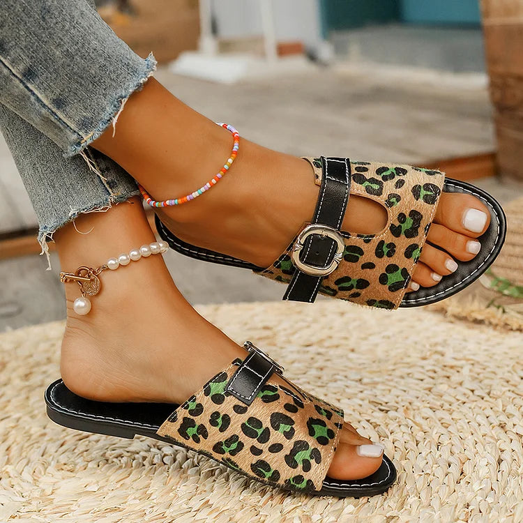 Color Matching Leopard Print Belt Buckle Seam Slippers