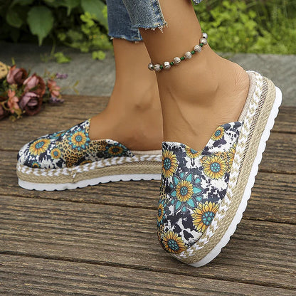 Sunflower Print Closed Toe Espadrille Platform Slippers