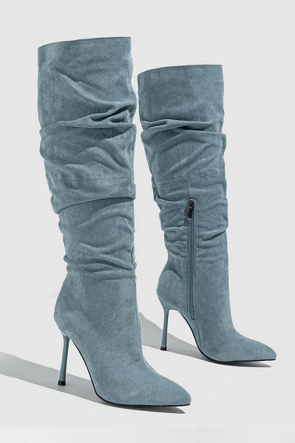 Ruched Pointed Toe Stiletto Heel Zipper Solid Color Knee High Boots