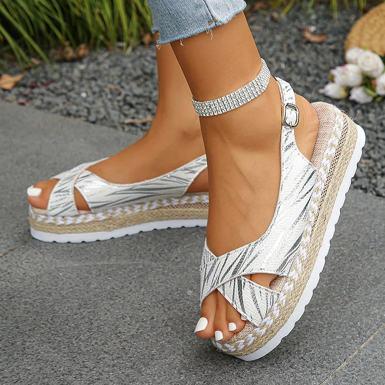 Bronzing Cross Slingback Strap Buckle Peep Toe Espadrille Platform Sandals