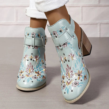 Floral Embroidery Metallic Studded Round Toe Slingback Chunky Heels