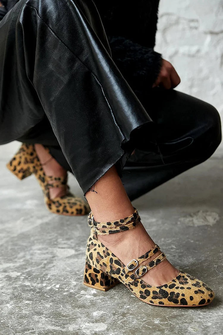 Leopard Pattern Multi Straps Buckles Khaki Chunky Heels