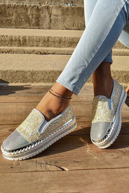 Rhinestone Decor Glittering Stitch Detail Round Toe Loafers