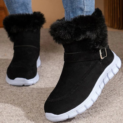 Fluffy Trim Patchwork Strap Buckle Round Toe Snow Boots